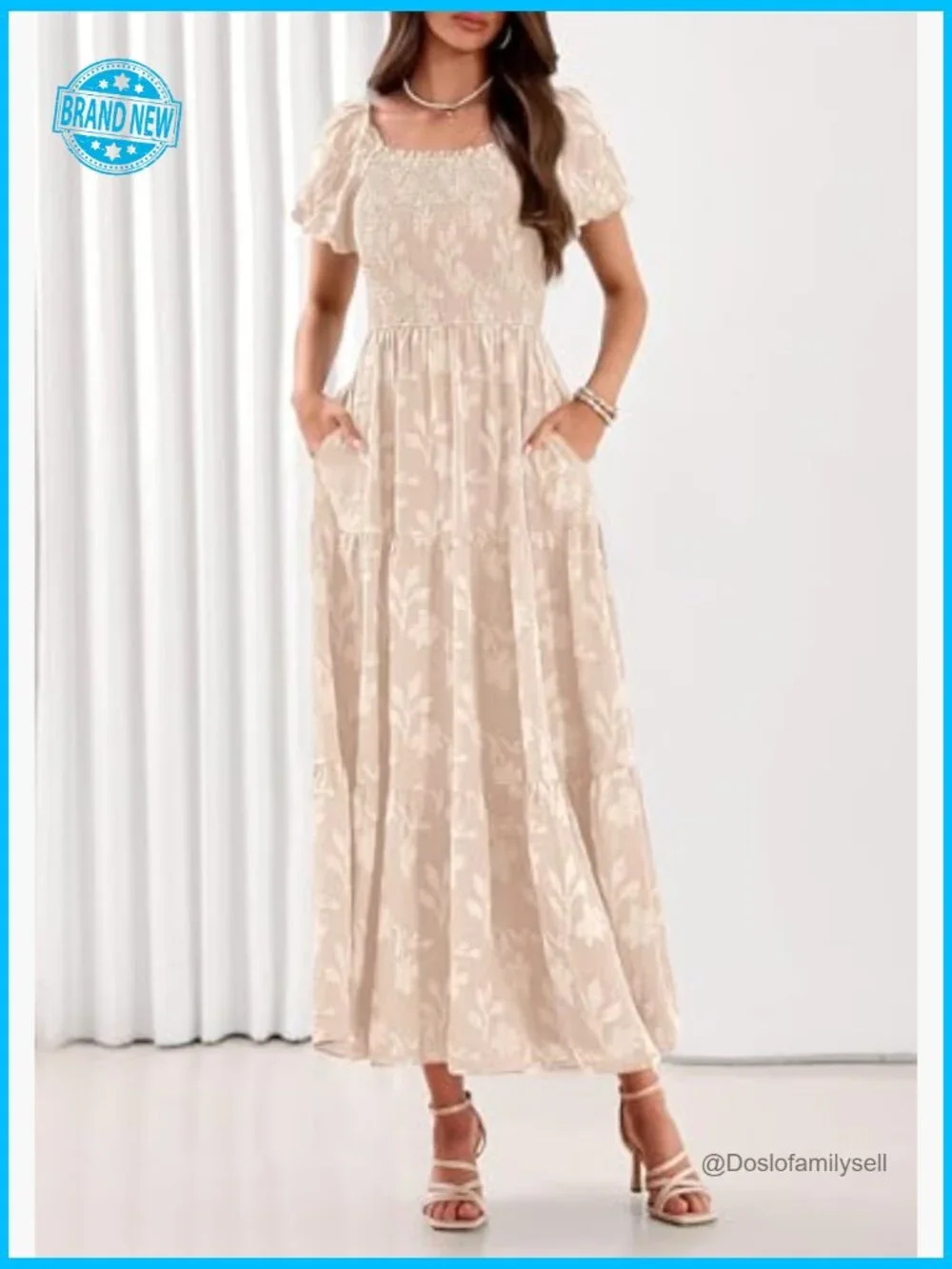 Boho Maxi Dress Floral Square Neck Smocked Bodice Flowy Tiered Summer - Picture 6 of 7